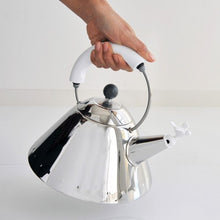 Load image into Gallery viewer, Alessi Kettle in 18/10 Stainless Steel Mirror Polished with Handle and Small Bird-Shaped Whistle in Pa, White
