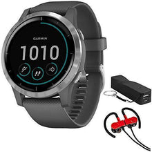 Load image into Gallery viewer, Garmin 010-02174-01 Vivoactive 4 Smartwatch, Shadow Gray/Stainless Bundle with Deco Gear Magnetic Wireless Sport Earbuds, Red with Carrying Case and Voltix 2600mAh Portable Power Bank