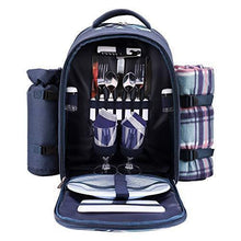 Load image into Gallery viewer, apollo walker Picnic Backpack Bag for 2 Person with Cooler Compartment, Detachable Bottle/Wine Holder, Fleece Blanket, Plates and Cutlery (Blue)