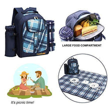 Load image into Gallery viewer, apollo walker Picnic Backpack Bag for 2 Person with Cooler Compartment, Detachable Bottle/Wine Holder, Fleece Blanket, Plates and Cutlery (Blue)
