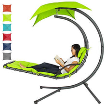 Load image into Gallery viewer, Best Choice Products Outdoor Hanging Curved Chaise Lounge Chair Swing for Backyard, Patio w/ Built-In Pillow, Removable Canopy, Stand - Green