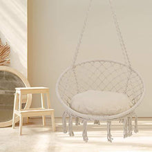 Load image into Gallery viewer, Patio Watcher Hammock Chair Macrame Swing with Cushion and Hanging Hardware Kits, Handmade Knitted Mesh Rope Swing Chair for Indoor, Outdoor, Home, Bedroom, Patio, Yard,Deck, Garden