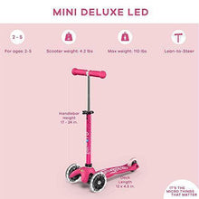 Load image into Gallery viewer, Micro Kickboard - Mini Deluxe LED - Three Wheeled, Lean-to-Steer Swiss-Designed Micro Scooter for Toddlers & Children with Motion-Activated Light-Up Wheels for Ages 2-5 (Pink)