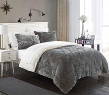 Load image into Gallery viewer, Chic Home 3 Piece Josepha Pinch Pleated Ruffled & Pintuck Sherpa Lined Comforter Set, Queen, Grey