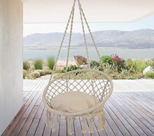 Load image into Gallery viewer, Patio Watcher Hammock Chair Macrame Swing with Cushion and Hanging Hardware Kits, Handmade Knitted Mesh Rope Swing Chair for Indoor, Outdoor, Home, Bedroom, Patio, Yard,Deck, Garden