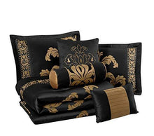 Load image into Gallery viewer, Chezmoi Collection 7-Piece Jacquard Floral Comforter Set Bed-in-a-Bag Set, Queen, Black Gold