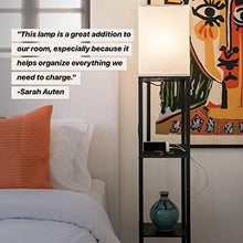 Load image into Gallery viewer, Brightech Maxwell Charger - Shelf Floor Lamp with USB Charging Ports and Electric Outlet - Tall, Narrow Tower Nightstand for Bedroom - Modern, Asian End Table with Light Attached - Black