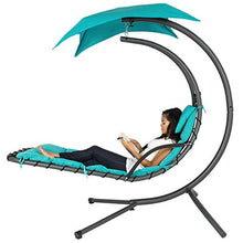 Load image into Gallery viewer, Best Choice Products Outdoor Hanging Curved Steel Chaise Lounge Chair Swing w/Built-in Pillow and Removable Canopy, Teal
