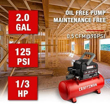 Load image into Gallery viewer, Craftsman Air Tools, 2 Gallon Portable Air Compressor 1/3 HP Oil-Free Max 125 PSI Pressure, Hot dog, Model: CMXECXA0200243