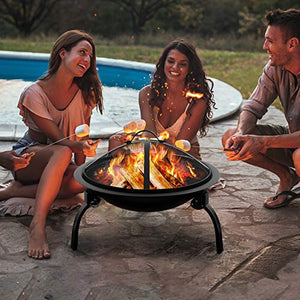 Amagabeli Fire Pit Outdoor Wood Burning Portable Folding 22in Firepit Firebowl Fireplace Poker Spark Screen Retardant Mesh Lid Deep Round Outside Backyard Camping Metal Grate Rustproof Black