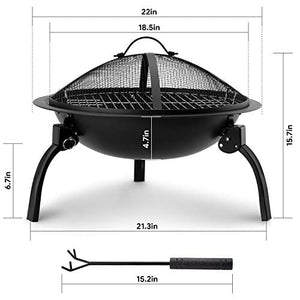 Amagabeli Fire Pit Outdoor Wood Burning Portable Folding 22in Firepit Firebowl Fireplace Poker Spark Screen Retardant Mesh Lid Deep Round Outside Backyard Camping Metal Grate Rustproof Black