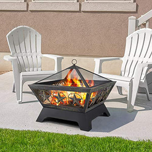 Amagabeli Fire Pit Outdoor Wood Burning 24in Firepit Firebowl Fireplace Poker Spark Screen Retardant Mesh Lid Extra Deep Large Square Outside Backyard Deck Heavy Duty Metal Grate Rustproof Bronze