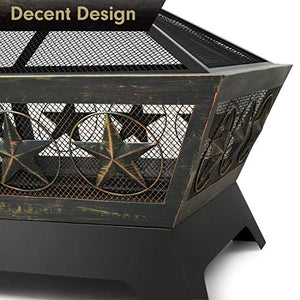 Amagabeli Fire Pit Outdoor Wood Burning 24in Firepit Firebowl Fireplace Poker Spark Screen Retardant Mesh Lid Extra Deep Large Square Outside Backyard Deck Heavy Duty Metal Grate Rustproof Bronze
