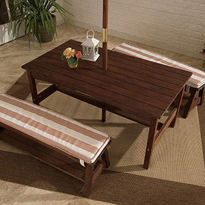 KidKraft Outdoor Table and Bench Set with Cushions and Umbrella, Kids Backyard Furniture, Espresso with Oatmeal and White Striped Fabric ,Gift for Ages 3-8