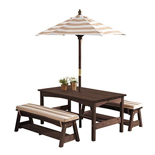 KidKraft Outdoor Table and Bench Set with Cushions and Umbrella, Kids Backyard Furniture, Espresso with Oatmeal and White Striped Fabric ,Gift for Ages 3-8