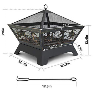 Amagabeli Fire Pit Outdoor Wood Burning 24in Firepit Firebowl Fireplace Poker Spark Screen Retardant Mesh Lid Extra Deep Large Square Outside Backyard Deck Heavy Duty Metal Grate Rustproof Bronze