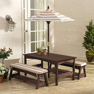 KidKraft Outdoor Table and Bench Set with Cushions and Umbrella, Kids Backyard Furniture, Espresso with Oatmeal and White Striped Fabric ,Gift for Ages 3-8