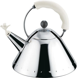 Alessi Kettle in 18/10 Stainless Steel Mirror Polished with Handle and Small Bird-Shaped Whistle in Pa, White