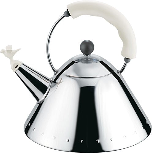 Alessi Kettle in 18/10 Stainless Steel Mirror Polished with Handle and Small Bird-Shaped Whistle in Pa, White