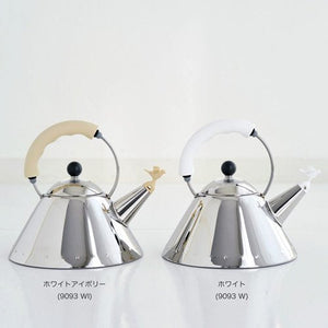 Alessi Kettle in 18/10 Stainless Steel Mirror Polished with Handle and Small Bird-Shaped Whistle in Pa, White