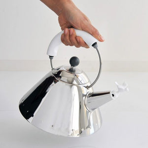 Alessi Kettle in 18/10 Stainless Steel Mirror Polished with Handle and Small Bird-Shaped Whistle in Pa, White