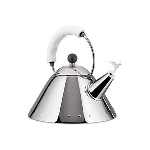 Alessi Kettle in 18/10 Stainless Steel Mirror Polished with Handle and Small Bird-Shaped Whistle in Pa, White