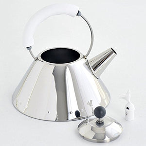 Alessi Kettle in 18/10 Stainless Steel Mirror Polished with Handle and Small Bird-Shaped Whistle in Pa, White