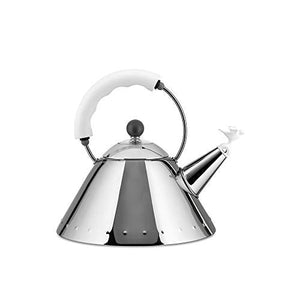 Alessi Kettle in 18/10 Stainless Steel Mirror Polished with Handle and Small Bird-Shaped Whistle in Pa, White
