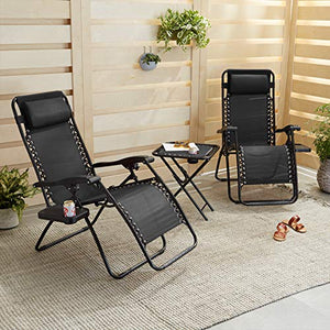 Amazon Basics Textilene Outdoor Adjustable Zero Gravity Folding Reclining Lounge Chair with Side table and Pillow - Pack of 2, Black