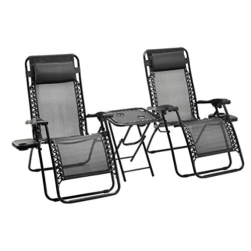 Amazon Basics Textilene Outdoor Adjustable Zero Gravity Folding Reclining Lounge Chair with Side table and Pillow - Pack of 2, Black