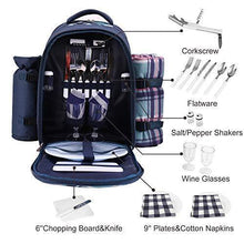 Load image into Gallery viewer, apollo walker Picnic Backpack Bag for 2 Person with Cooler Compartment, Detachable Bottle/Wine Holder, Fleece Blanket, Plates and Cutlery (Blue)
