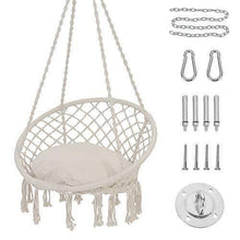 Load image into Gallery viewer, Patio Watcher Hammock Chair Macrame Swing with Cushion and Hanging Hardware Kits, Handmade Knitted Mesh Rope Swing Chair for Indoor, Outdoor, Home, Bedroom, Patio, Yard，Deck, Garden
