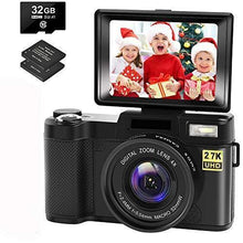 Load image into Gallery viewer, Digital Camera Vlogging Camera with YouTube 30MP Full HD 2.7K Vlog Camera with Flip Screen 180° Rotation with 32GB Memory Card and 2 Batteries （Focus Fixed）
