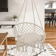 Load image into Gallery viewer, Patio Watcher Hammock Chair Macrame Swing with Cushion and Hanging Hardware Kits, Handmade Knitted Mesh Rope Swing Chair for Indoor, Outdoor, Home, Bedroom, Patio, Yard，Deck, Garden
