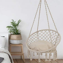 Load image into Gallery viewer, Patio Watcher Hammock Chair Macrame Swing with Cushion and Hanging Hardware Kits, Handmade Knitted Mesh Rope Swing Chair for Indoor, Outdoor, Home, Bedroom, Patio, Yard，Deck, Garden
