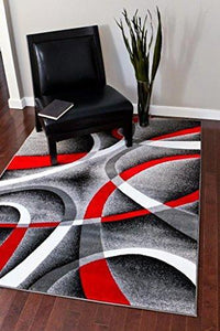 2305 Gray Black Red White Swirls 5'2 x7'2 Modern Abstract Area Rug Carpet by Persian-Rugs
