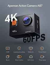 Load image into Gallery viewer, APEMAN 4K 60FPS Action Camera A87,Touch Screen 20MP Wi-Fi EIS 8X Zoom Remotor Control Sports Cam 40M Waterproof Underwater Vlog Camcoder with Mounting Accessories Kit and Carrying Case

