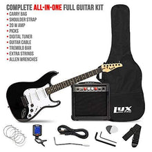 Load image into Gallery viewer, LyxPro Electric Guitar 39" inch Complete Beginner Starter kit Full Size with 20w Amp, Package Includes All Accessories, Digital Tuner, Strings, Picks, Tremolo Bar, Shoulder Strap, and Case Bag - Black
