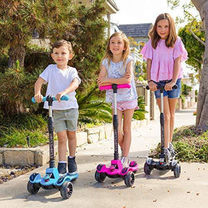 6KU Kids Kick Scooter with Adjustable Height, Lean to Steer, Flashing Wheels for Children 3-8 Years Old Blue
