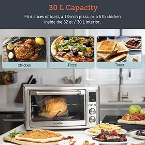 COSORI CO130-AO Air Fryer Toaster Oven Combo 12-in-1 Countertop Rotisserie & Dehydrator for Chicken, Pizza, 100 Recipes & 6 Accessories Included, 30L, Silver