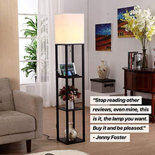 Load image into Gallery viewer, Brightech Maxwell Charger - Shelf Floor Lamp with USB Charging Ports and Electric Outlet - Tall, Narrow Tower Nightstand for Bedroom - Modern, Asian End Table with Light Attached - Black
