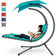 Load image into Gallery viewer, Best Choice Products Outdoor Hanging Curved Steel Chaise Lounge Chair Swing w/Built-in Pillow and Removable Canopy, Teal
