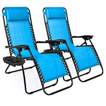 Load image into Gallery viewer, Best Choice Products Set of 2 Adjustable Steel Mesh Zero Gravity Lounge Chair Recliners w/Pillows and Cup Holder Trays, Light Blue

