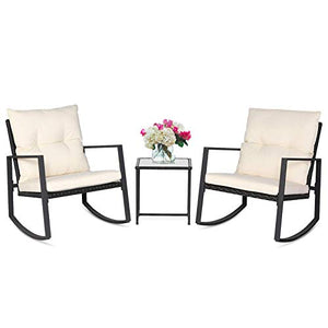 SUNCROWN 3 Piece Outdoor Rocking Bistro Set Black Wicker Furniture Porch Chairs Conversation Sets with Glass Coffee Table,Beige