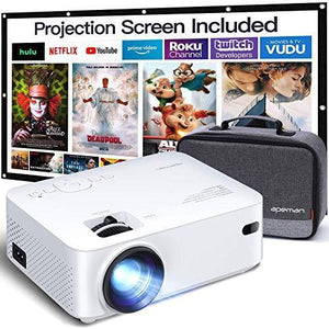 APEMAN Mini Projector, 1080P Supported, 200'' Max Display 60000 Hrs Lamp Life Portable Video Projector, Compatible with HDMI, PS4, TV Stick, VGA, TF, AV, USB Drive, Carry Bag and 100'' Screen Included
