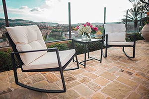 SUNCROWN 3 Piece Outdoor Rocking Bistro Set Black Wicker Furniture Porch Chairs Conversation Sets with Glass Coffee Table,Beige