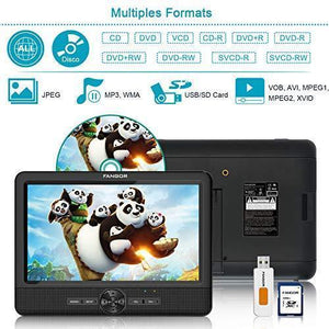 FANGOR 10’’ Dual Car DVD Player Portable Headrest CD Players with 2 Mounting Brackets, 5 Hours Rechargeable Battery, Last Memory, Free Regions, USB/SD Card Reader, AV Out&in ( 1 Player + 1 Screen )
