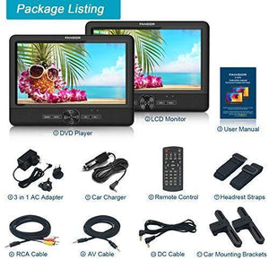 FANGOR 10’’ Dual Car DVD Player Portable Headrest CD Players with 2 Mounting Brackets, 5 Hours Rechargeable Battery, Last Memory, Free Regions, USB/SD Card Reader, AV Out&in ( 1 Player + 1 Screen )
