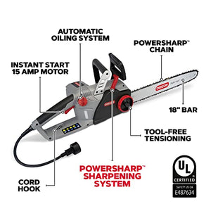 Oregon CS1500 18-inch 15 Amp Self-Sharpening Corded Electric Chainsaw, with Integrated Self-Sharpening System (PowerSharp) and Chain Brake for Safety, 120V